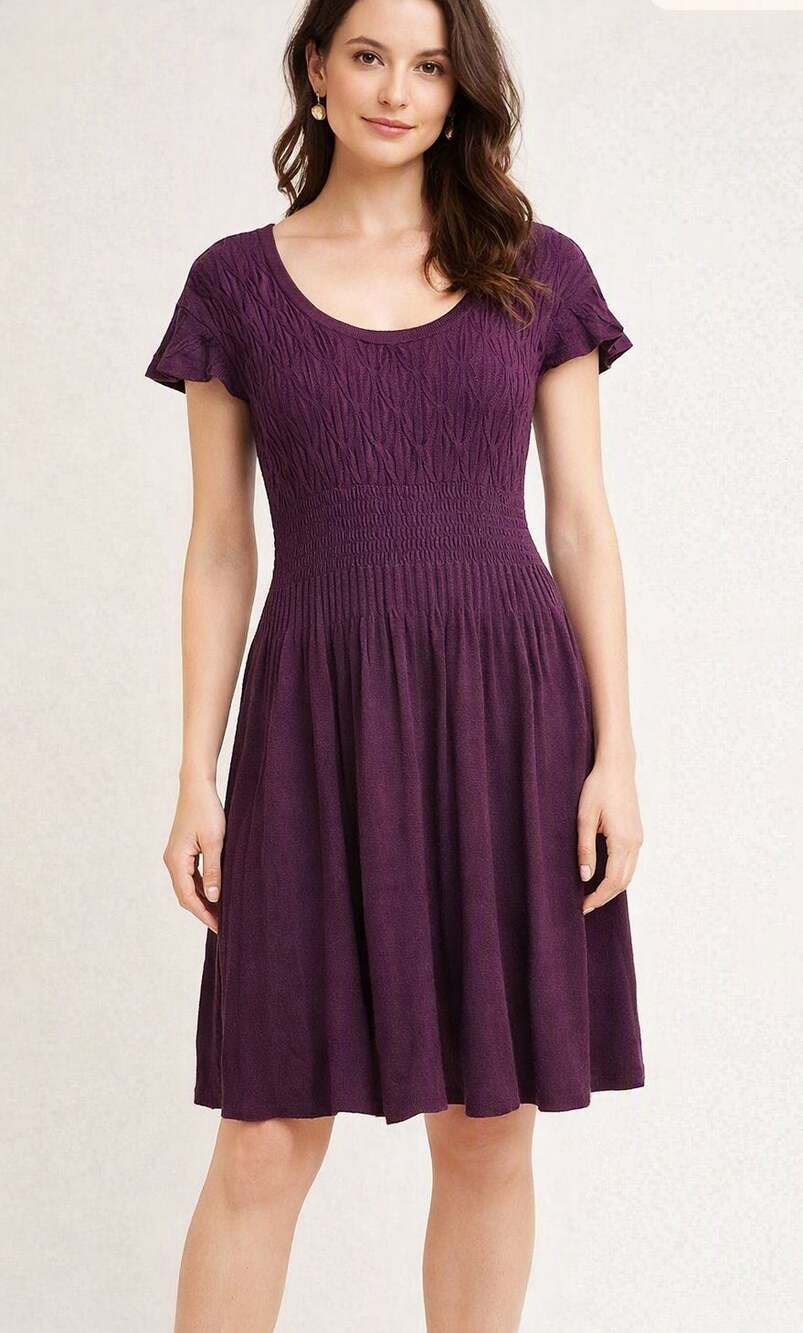 Anthropologie Sparrow Purple Cable Knit Pleated Sweater Dress Sz L Angora Wool